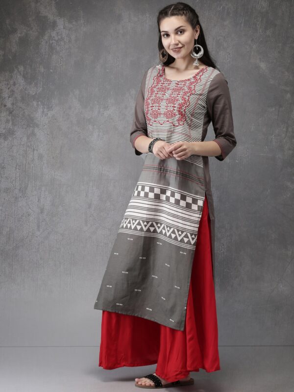 Anouk Women Grey  White Printed Straight Kurta with Embroidered Detail