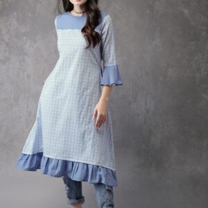 Anouk Women Blue  White Checked A-Line Kurta