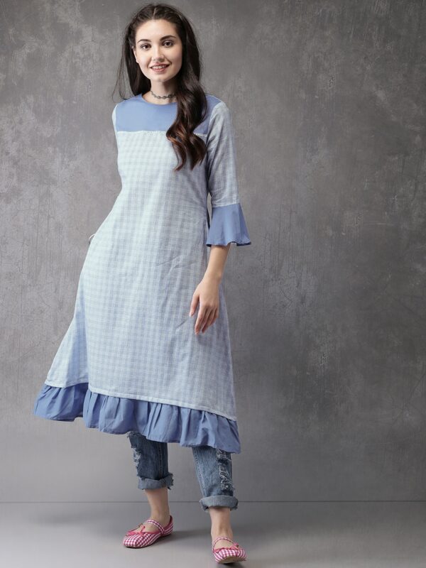 Anouk Women Blue  White Checked A-Line Kurta