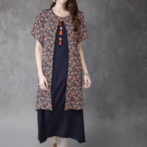 Anouk Women Navy Blue Printed A-Line Asymmetric Kurta