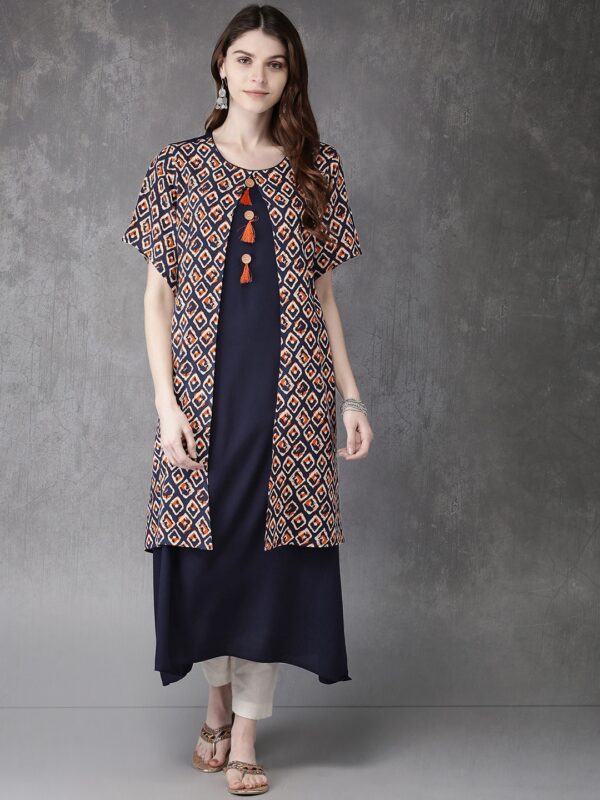 Anouk Women Navy Blue Printed A-Line Asymmetric Kurta