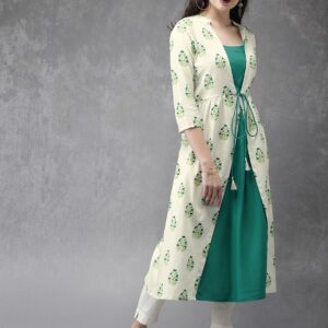 Anouk Women Off-White  Green Printed Panelled A-Line Kurta