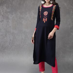 Anouk Women Navy Blue Woven Design Straight Kurta