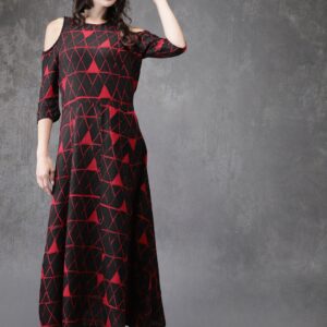 Anouk Women Black  Red Printed A-Line Cold-Shoulder Kurta