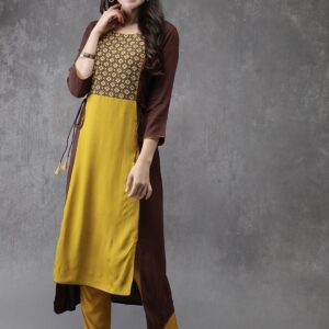 Anouk Women Mustard  Brown Woven Design A-Line Kurta