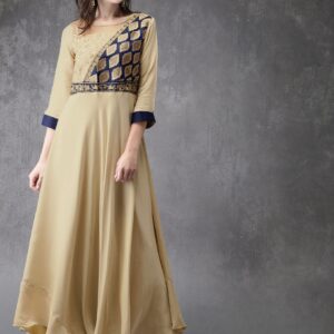 Anouk Women Beige  Navy Blue Embroidered Anarkali Kurta