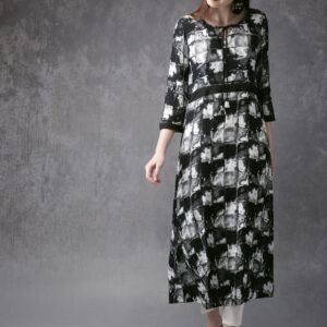 Anouk Women Black  White Printed A-Line Kurta