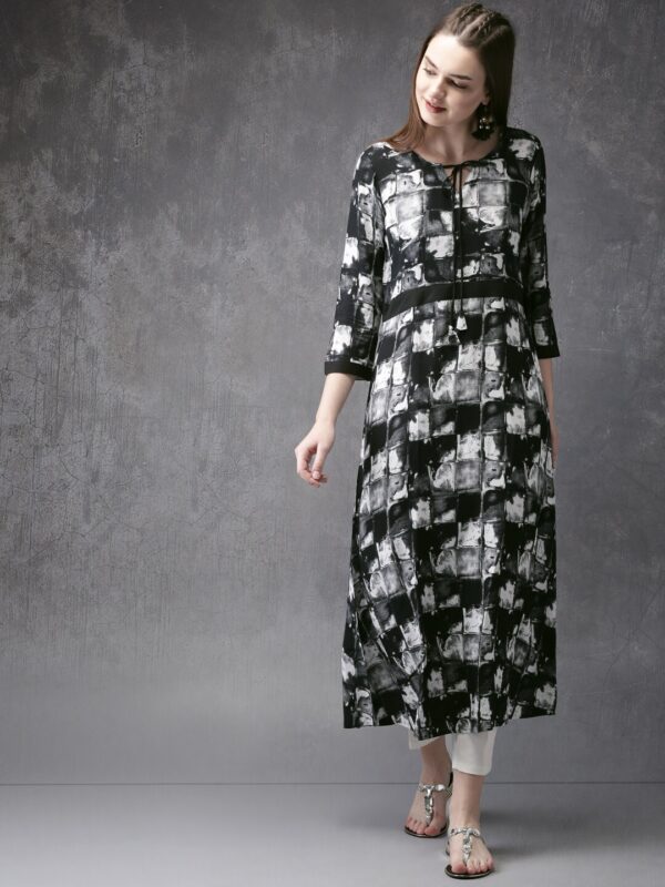 Anouk Women Black  White Printed A-Line Kurta