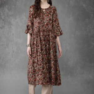 Anouk Women Brown  Beige Printed A-Line Kurta