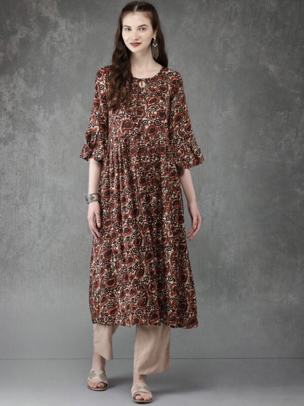 Anouk Women Brown  Beige Printed A-Line Kurta