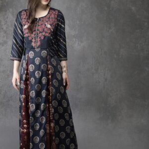 Anouk Women Navy  Maroon Printed A-Line Kurta