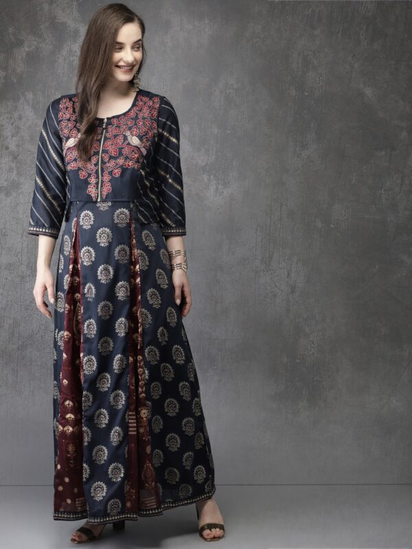 Anouk Women Navy  Maroon Printed A-Line Kurta