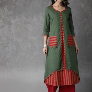 Anouk Women Green Solid A-Line Layered Kurta