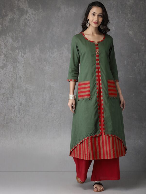 Anouk Women Green Solid A-Line Layered Kurta