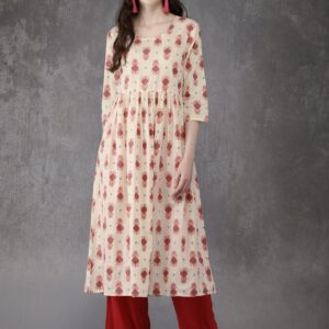 Anouk Women Cream-Coloured Printed A-Line Kurta