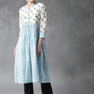 Anouk Women Blue  White Printed A-Line Kurta