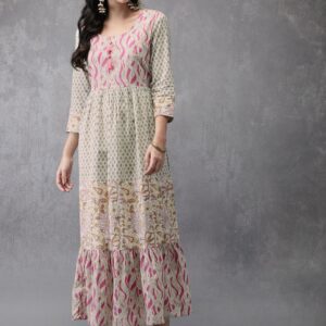 Anouk Women Beige Printed Tiered Anarkali Kurta