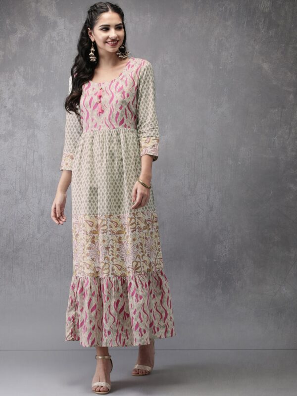 Anouk Women Beige Printed Tiered Anarkali Kurta