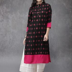 Anouk Women Black  Pink Printed Straight Kurta