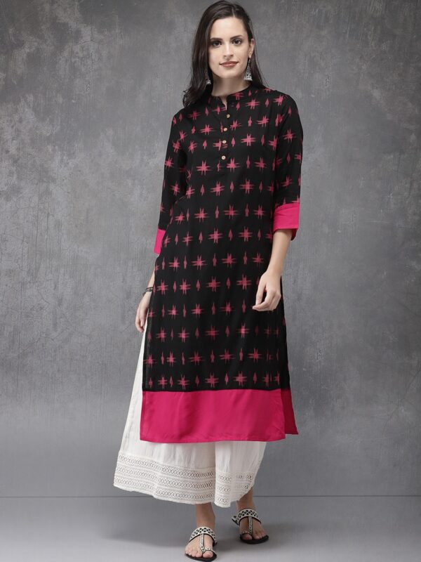 Anouk Women Black  Pink Printed Straight Kurta