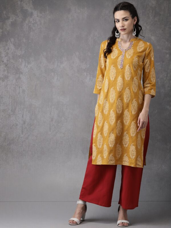 Anouk Women Mustard Yellow Printed Straight Kurta