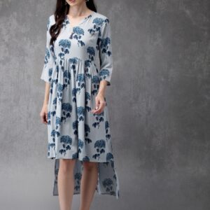 Anouk Women Blue Printed High-Low Fusion Kurta