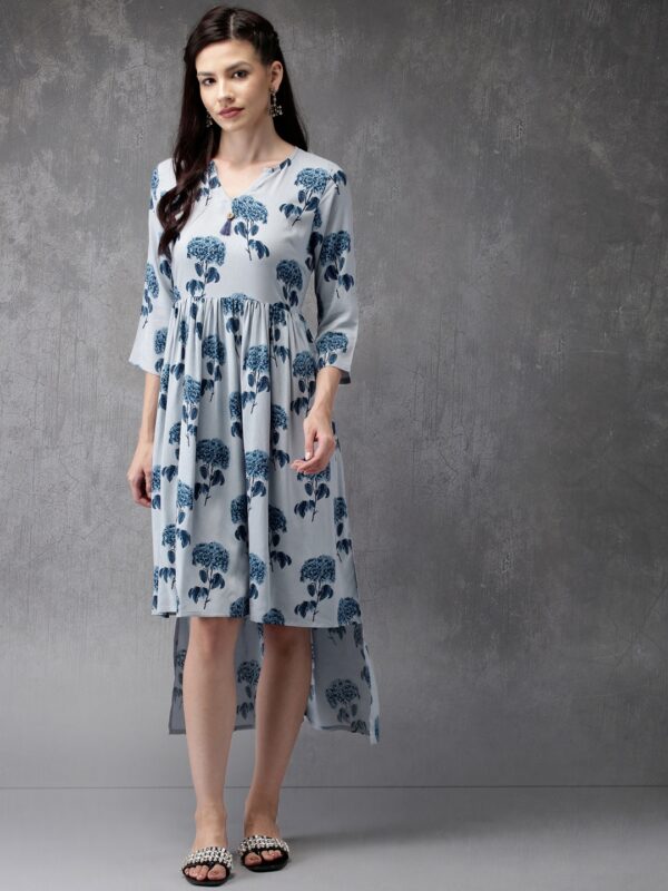 Anouk Women Blue Printed High-Low Fusion Kurta