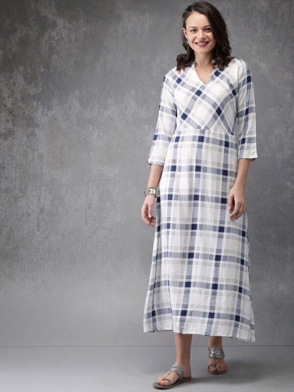 Anouk Women Off-White  Blue Checked A-Line Kurta