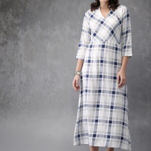 Anouk Women Off-White  Blue Checked A-Line Kurta