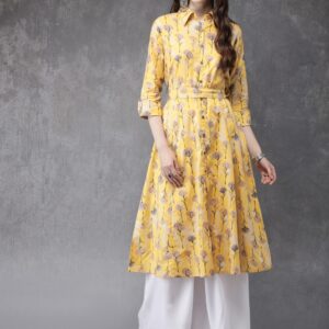 Anouk Women Yellow Floral Printed A-Line Kurta