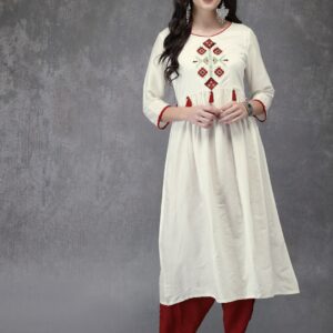 Anouk Women White Embroidered A-Line Kurta