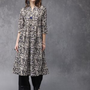 Anouk Women Black  Beige Printed A-Line Kurta