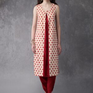 Anouk Women Cream-Coloured  Red Printed Layered Straight Kurta