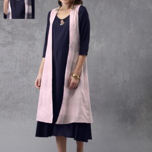 Anouk Women Navy Blue Fusion A-Line Kurta with Reversible Shrug