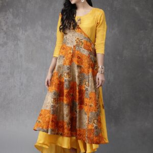 Anouk Women Yellow Printed Asymmetrical Hem A-Line Fusion Kurta