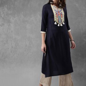 Anouk Women Navy Blue Yoke Design Straight Kurta