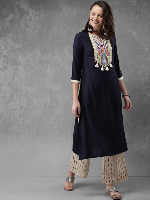 Anouk Women Navy Blue Yoke Design Straight Kurta