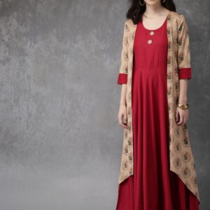 Anouk Women Beige  Maroon Solid A-Line Layered Kurta