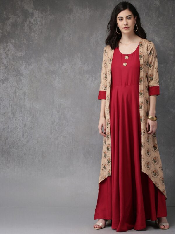 Anouk Women Beige  Maroon Solid A-Line Layered Kurta