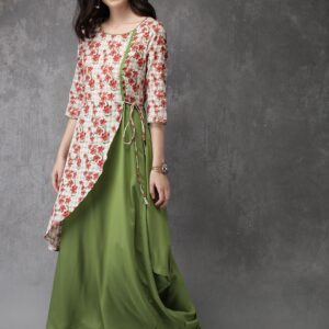 Anouk Women Off-White  Green Floral Print A-Line Kurta