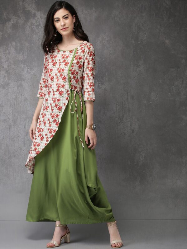 Anouk Women Off-White  Green Floral Print A-Line Kurta