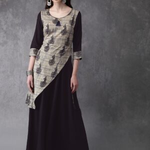 Anouk Women Navy Blue  Beige Printed A-Line Kurta