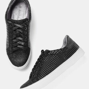 DressBerry Women Black Textured Shimmer Sneakers