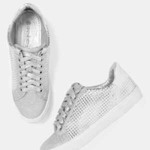 DressBerry Women Silver-Toned Textured Sneakers