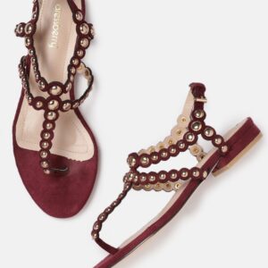 DressBerry Women Maroon Embellished T-Strap Flats