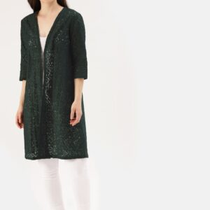 DressBerry Green Self Design Open Front Longline Shrug