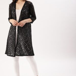 DressBerry Black Self Design Open Front Longline Shrug