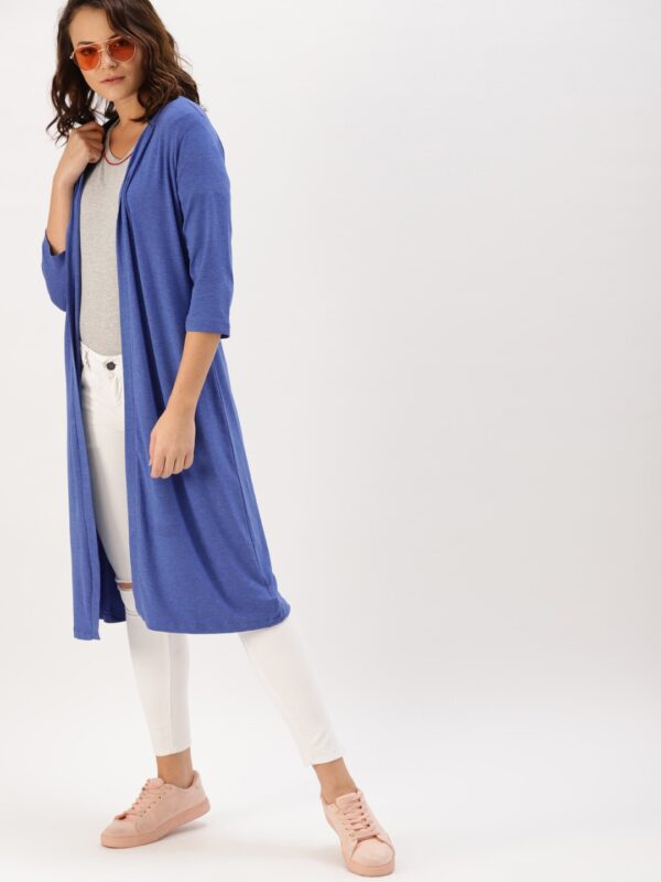 DressBerry Blue Solid Open Front Longline Shrug