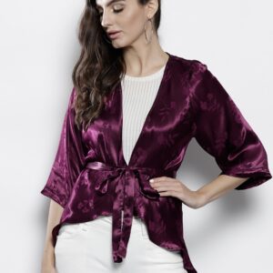 DOROTHY PERKINS Aubergine Self Design Tie-Up Shrug