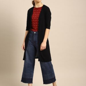 ether Black Solid Open-Front Longline Shrug with Belt